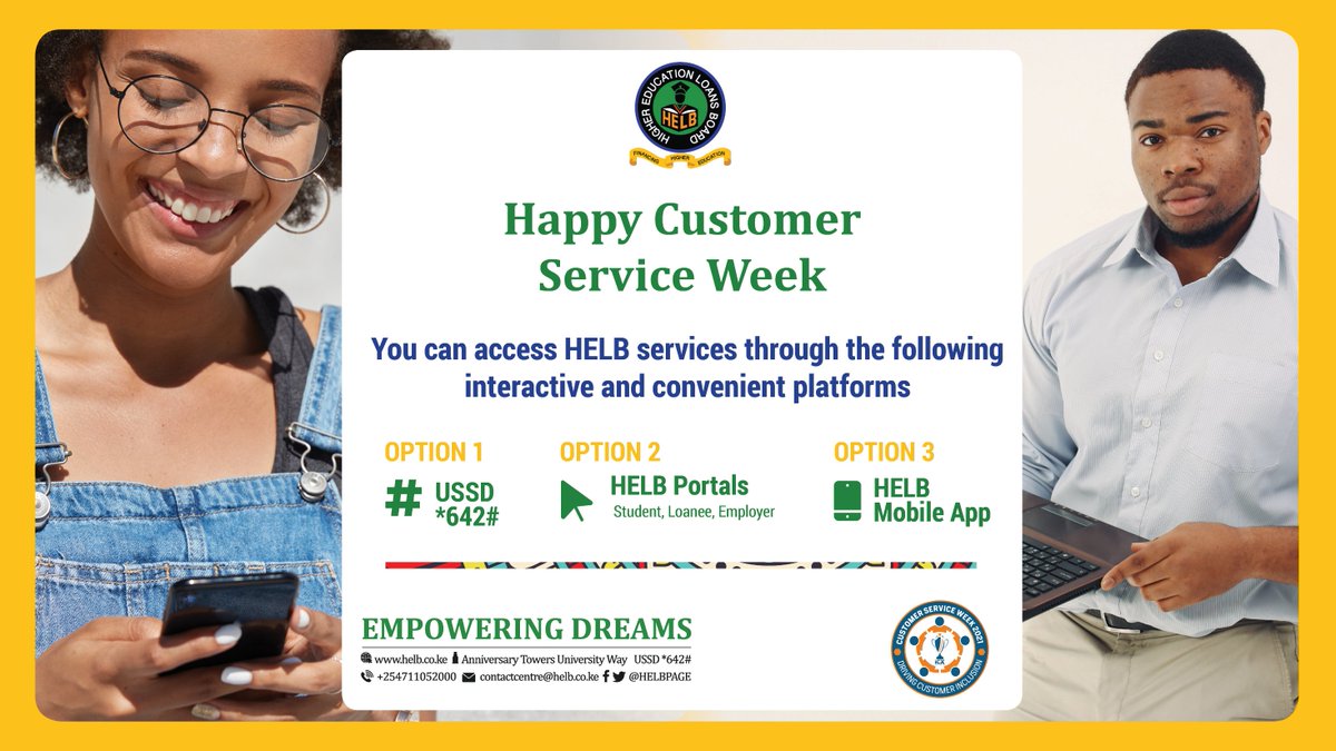 HELBpage's tweet photo. Take advantage of HELB digital platforms that are accessible and self-service ready; download the HELB mobile App, Dial *642# or visit the students portal on our website https://t.co/OgOa1e7iKC
#DrivingCustomerInclusion  #TuendeleeKulipaHELB https://t.co/VEHQpi1FXu