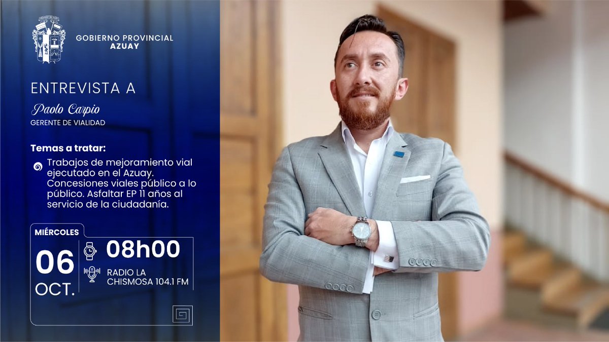 EpAsfaltar's tweet photo. 🎙️#Entrevista | Mañana en entrevista para @ChismosaFm Gerente General, @paolocarpioa, dialogará sobre la gestión que viene realizando #AsfaltarEP y su nueva propuesta de VALOR para la provincia.
⏰ 08h00
📻 104.1 FM https://t.co/XNqj54ihnl