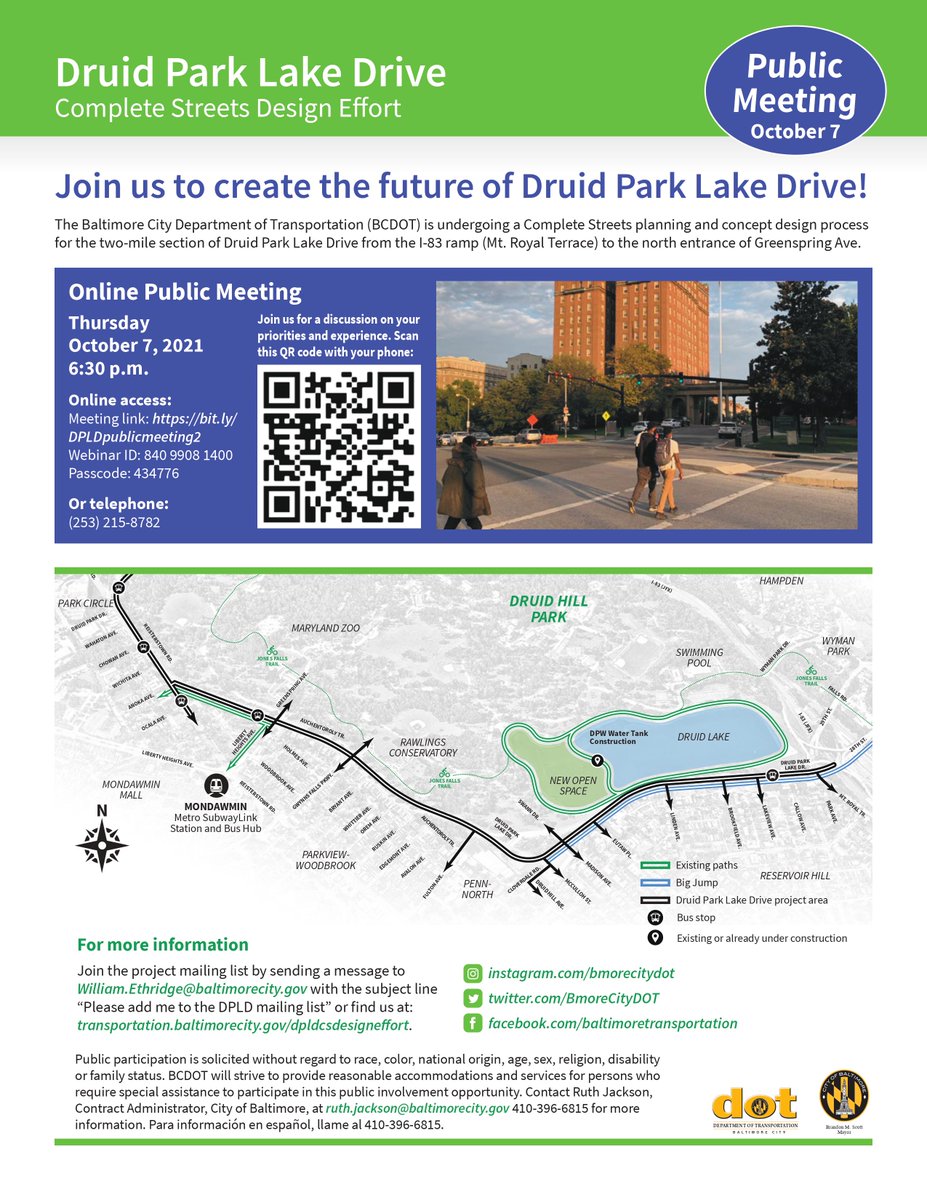 Join us on Thursday, October 7th!

Meeting link: bit.ly/DPLDpublicmeet…    
Or telephone: (253) 215-8782 
Webinar ID: 840 9908 1400 
Passcod434776 

For more information, please view the project website transportation.baltimorecity.gov/dpldcsdesignef…. 

#druidhillpark #DHPP