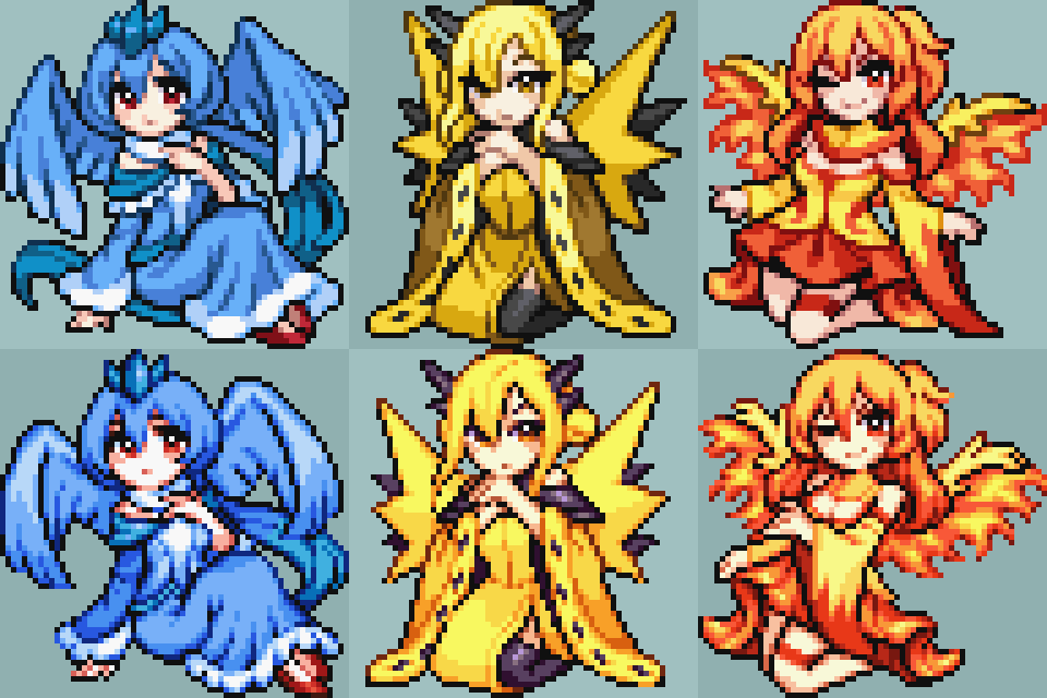 fuwu on Twitter: "also redid the 3 bird sprites, top is new and updated ❄️⚡️🔥 #moemon #pixelart #ドット絵 /