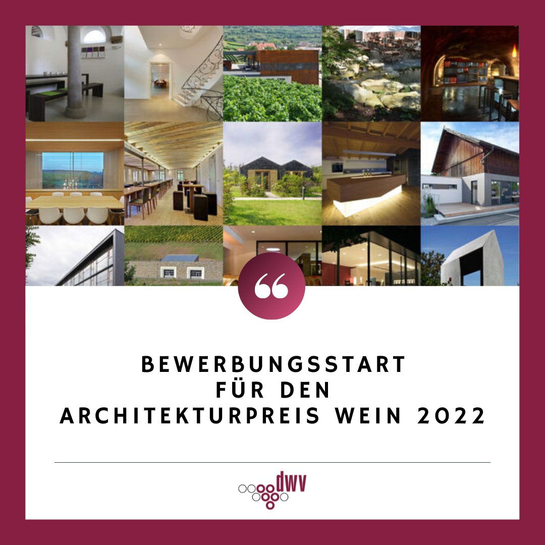 Architekturpreis Wein 2022: Jetzt bewerben! 
In einer gemeinsamen Initiative mit der Architektenkammer Rheinland-Pfalz &amp; dem Weinbauministerium Rheinland-Pfalz loben wir bereits zum 5. Mal den „Architekturpreis Wein“ aus! 
Mehr unter weinundarchitektur.de