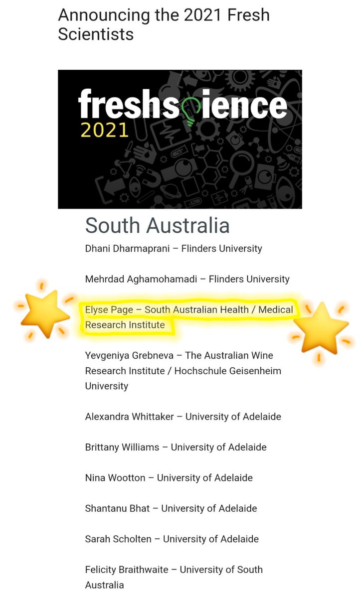 Dr Laura Eadie (@dr_mchoot) on Twitter photo ๐ The <a href="/ALL_genomics/">Prof Deb White</a> lab has another Fresh Scientist alumna, congratulations <a href="/ElysePage18/">Dr Elyse Page</a>
๐ What a star! Elly was one of the top 10 applicants from SA and was selected for the quality of her work and her ability to communicate this research
freshscience.org.au ๐ The <a href="/ALL_genomics/">Prof Deb White</a> lab has another Fresh Scientist alumna, congratulations <a href="/ElysePage18/">Dr Elyse Page</a>
๐ What a star! Elly was one of the top 10 applicants from SA and was selected for the quality of her work and her ability to communicate this research
freshscience.org.au