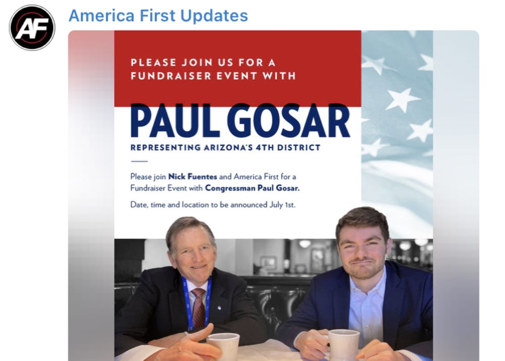 JakeFeldman82's tweet photo. @DominofromAZ @KariLake @DrPaulGosar Paul Gosar held a fundraiser with an avowed white supremacist over the summer. If Kari Lake had any shred of decency she would have retracted the endorsement by now.
#KeepAZBlue #VoteBluein22 https://t.co/4pcM30bLYY