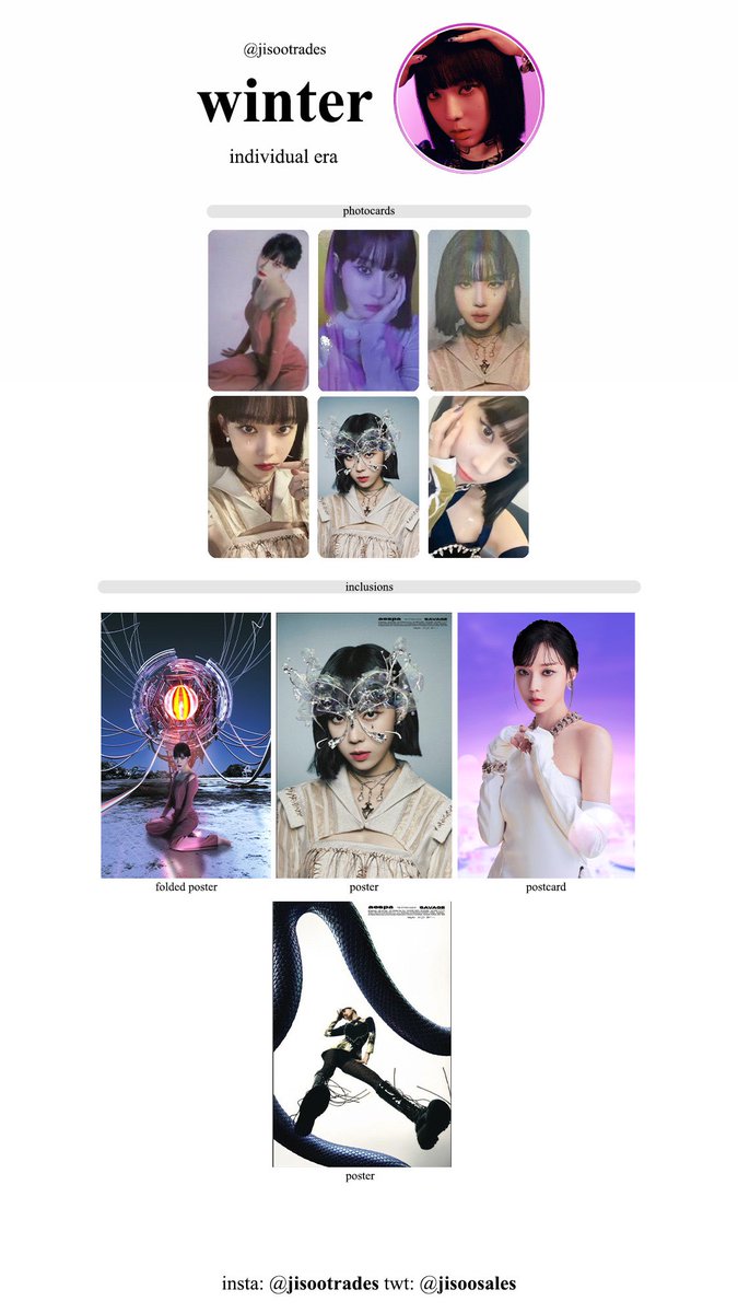 jisoosales's tweet photo. updated!!!

winter wishlist | template
↬ all korean album cards + savage inclusions 

📓: winter cards photocard aespa pc 에스파 포카 윈터 

☆: #winterphotocardslist #winterwishlist #winterphotocard #aespa #윈터  #윈터포카 #에스파 #jisoosales https://t.co/7gxHVapwgv
