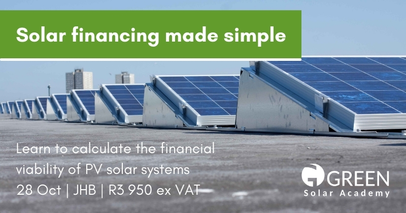 SAPVIA's tweet photo. COURSE: @GREENsolarac's Financing of PV Systems.
Date: 28/10/2021
Venue: The Protea Hotel Parktonian All Suite, Braamfontein, JHB
Cost: R3 950 ex VAT (GREEN Alumni pay just R3 555 excl VAT).
Register Here: https://t.co/HlKScoFX8v
#solarcourse #solarfinancing #solarindustry https://t.co/hBPGYhB9m9