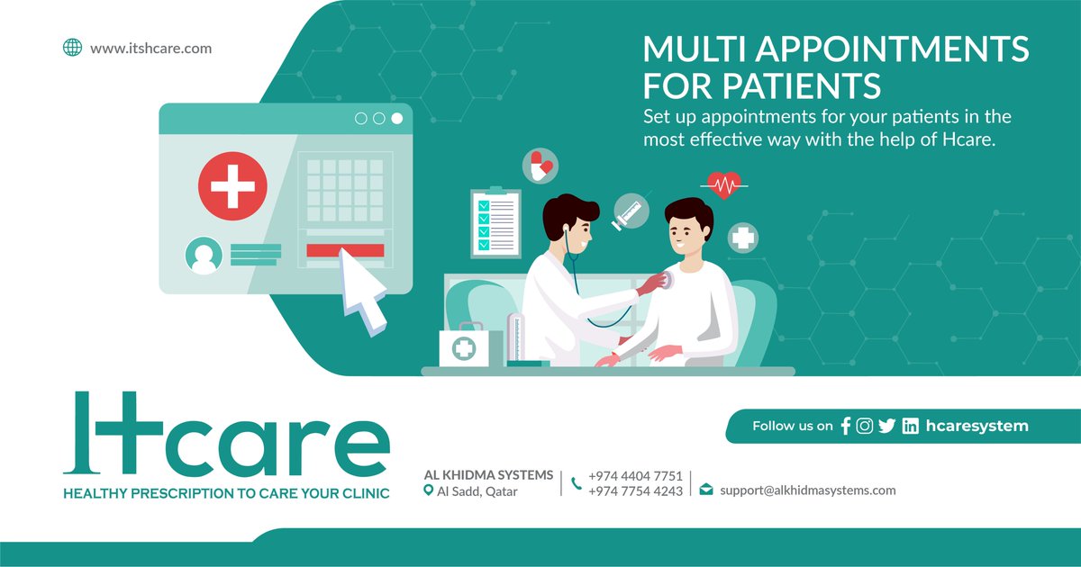 hcareSystem's tweet photo. Multi appoinment for patients
Set up appointments for your patients in the most effective way with the help of Hcare.
_
Visit Us: https://t.co/p6bmdWYHA7
.
.
.
#hcaresystem #appoinments #hmr #medicalrecords #clinicalsoftwares #clinicmanagementsystem https://t.co/6BvgUtl0PN