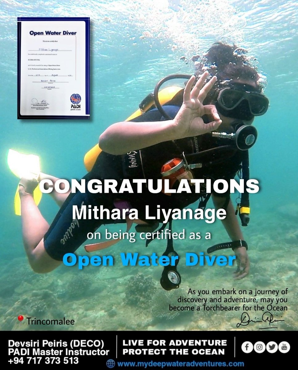 devsiri1's tweet photo. Congratulations Mithara ๐งโโ๏ธ
On being certified as a Padi Open Water Diver ๐คฟ ๐
Excellent diving skills, good attitude towards safety & protecting the environment ๐๐งโโ๏ธ
๐Pigeon Island National Park
๐Swami Rock
๐ค Scuba Safaris
#DevsiriPeiris #PADI #scubadiving https://t.co/jA1Gu2SxTP