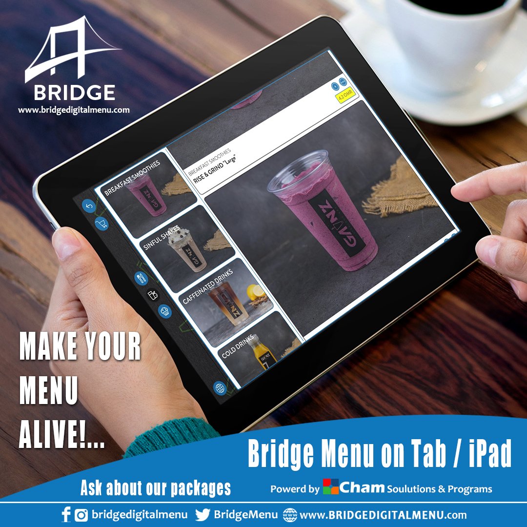 MAKE YOUR MENU ALIVE with Bridge Digital Menu on tab or iPad....
Powered by Cham Solutions &amp; Programs
For more information:
bridgedigitalmenu.com
#omanbusiness #oman_restaurants #muscatfoodies #muscatfoodbloggers #muscat #muscatoman #oman