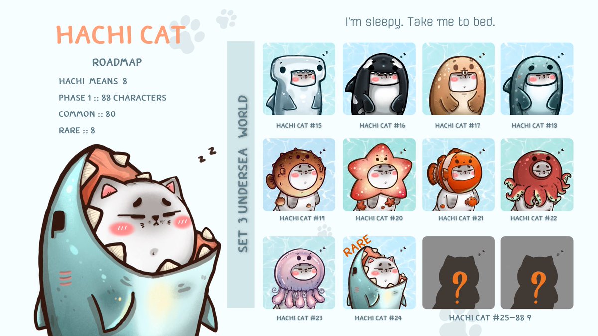 🌊 set 3 undersea world 🐳🐳
Hachi cat Collection 
I’m sleepy, take me to bed😴

🌵 88 characters 
😈 24/80 common 
👿 3/8 Rare

Opensea: opensea.io/collection/hac…

#nft #NFTs #NFTTHAILAND #NFTCommunity #NFT #nftcollector #NFTdrop #NFTcollection #NFTartist #nftcollectors