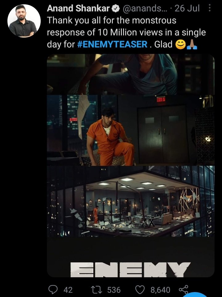 Eshvishaloff's tweet photo. #enemyteaser 1 crore views in single day
#MaanaaduTrailer 1 crore views in less than 4 days
@anandshank @vp_offl https://t.co/wEIDNky2hq