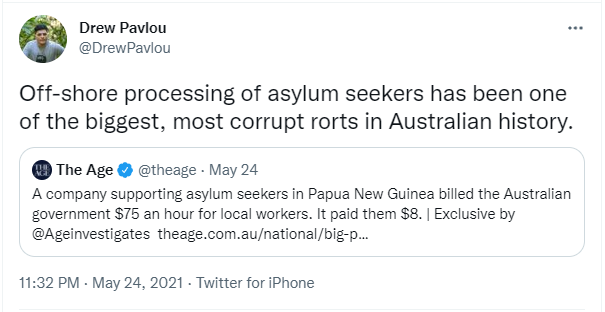 @Progressivist90 @Craig_Foster @DrewPavlou ICYMI, Drew has repeatedly condemned our government's treatment of asylum seekers in detention
