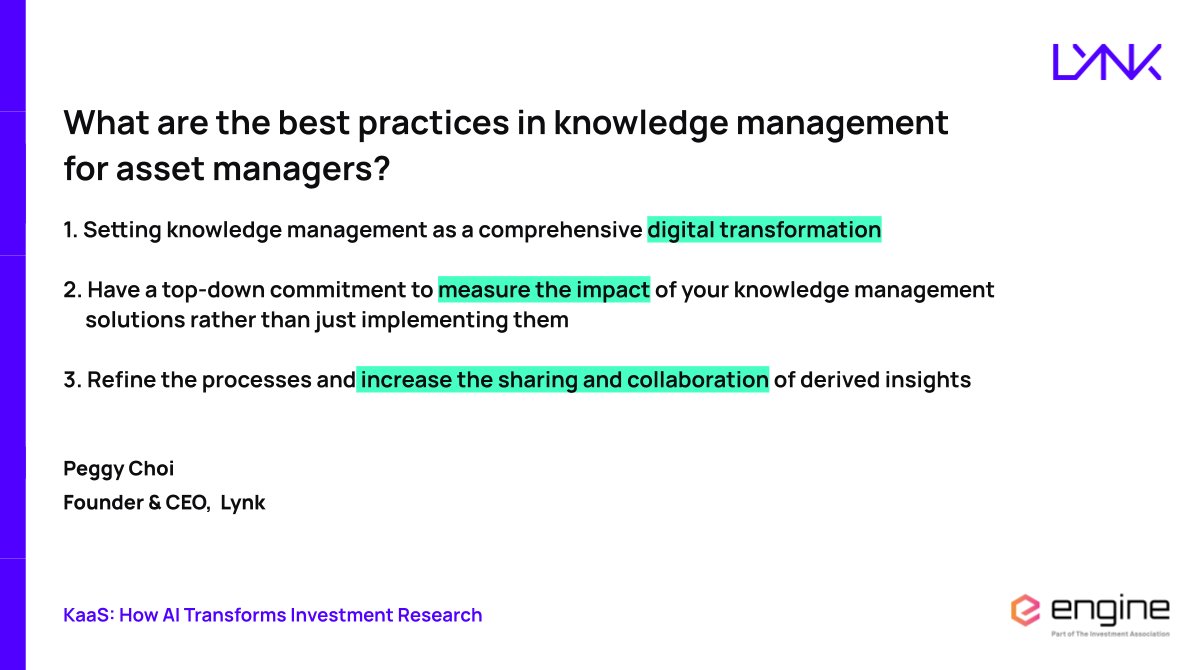 LYNKglobal's tweet image. Most investment firms have started managing their knowledge as a digital transformation process, but successful implementation requires a holistic approach. Hear what @PeggyChoi_ shared about this in a recent @IAEngine @InvAssoc chat: bit.ly/3tnmiPy
#lynkcurated #KaaS