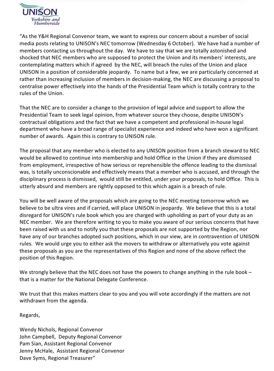 An important message from Yorkshire &amp; Humberside Conveners team to the regions NEC Representatives. If you care about your union, please share this post.