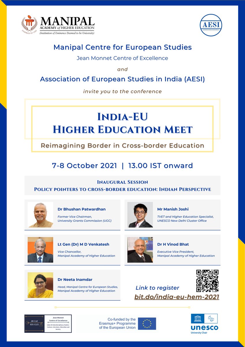 mces_mahe's tweet photo. Join the Inaugural Session of the " #IndiaEU #highereducation Meet: Reimagining Border in Cross-border Education" that will look at Policy Pointers in #crossbordereducation: Indian Perspective.
Register at: https://t.co/WyEXoBvWZS
To know more visit: https://t.co/wdeEkUp7md https://t.co/dhcusvaMg0