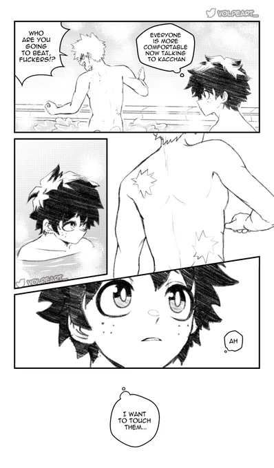 ✨327✨
A comic after a long time,huh?
it's about when Deku sees the marks on Kacchan's body, I think he would see them as something amazing!💚🧡

cause i think marks are beautiful on all bodies especially when they signify that u survived or overcame something! Body positivity💕 