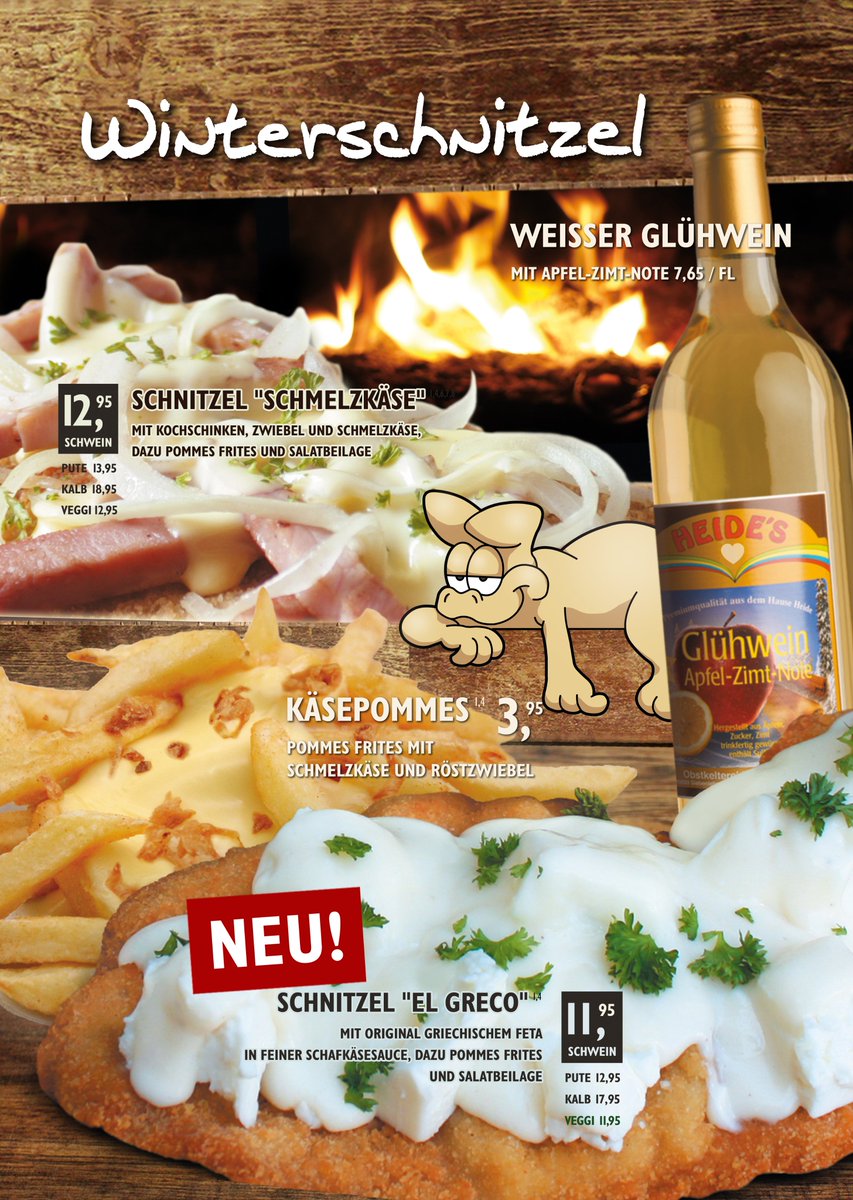 schnizz's tweet photo. 04.10.2021 | NEU! Winterschnitzel "El Greco" und "Schmelzkäse"; Käsepommes mit Röstzwiebel; süße Eierkuchen und "Weißer Glühwein" mit Apfel-Zimt-Note. Wir freuen uns auf deinen Besuch im #Schnizz #Chemnitz #Dresden #Leipzig #Magdeburg https://t.co/nMYVBDlEoW