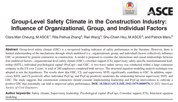 ClaraMCheung2's tweet photo. Another safety climate paper got published in the Journal of Management in Engineering @JMEASCE. Thanks to all my collaborators around the globe. https://t.co/wGpca77kII @DrPatrickManu @UoM_MACE @AshtonInstitute https://t.co/MTAWWkXwWI
