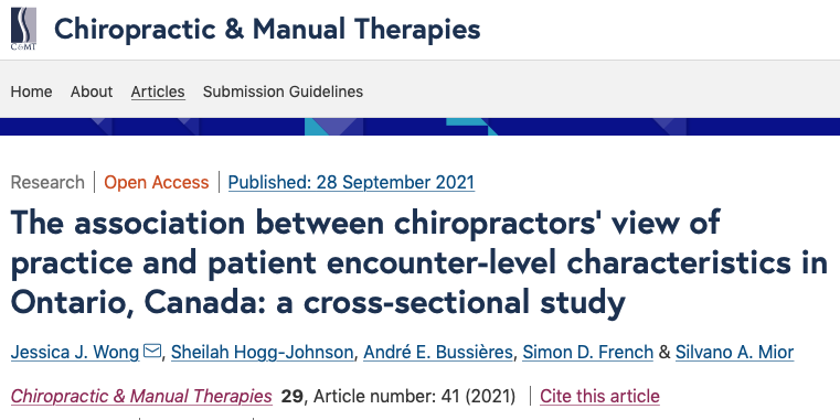 french_simon's tweet photo. Led by Jessica Wong, we used O-COAST data to show "Chiropractors’ unorthodox view of practice was associated with treating non-musculoskeletal conditions, subluxation as diagnosis, and shorter duration of encounter." https://t.co/YdOasUyhWz @mior_sil @bussiera and S Hogg-Johnson https://t.co/foD7W48O1M