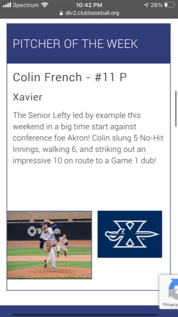 NewPennNCBA's tweet photo. Congrats to @GabeRyan_ and @Colin_French88 on winning New Penn - Central Player and Pitcher of the Week 3!    @XUClubBaseball https://t.co/6YbjgPmzsU