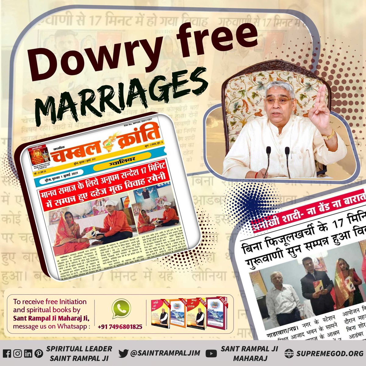 vijayporwal_'s tweet photo. WOMEN ARE MURDERED FOR DOWRY
BUT NOW Saint Rampal Ji Maharaj is making India Dowry free.

#GodMorningWednesday

- @SaintRampalJiM  
Visit Sant Rampal Ji Maharaj youtube channel https://t.co/tbZFvSQO6F
