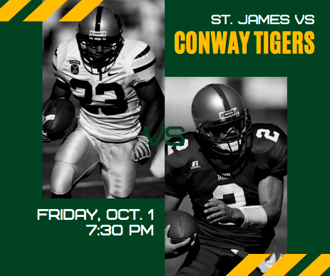 conway_high's tweet photo. Friday night's region match up will be a great game! Plan to be at St. James High School to support our Tigers. https://t.co/6DRYkNkmXX