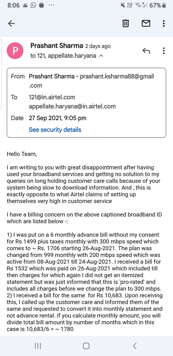 Prashant_S1988's tweet photo. @airtelindia @Airtel_Presence What will it take Airtel to resolve my queries? Calls and emails haven't worked so far.  Why is it getting difficult to remain an airtel consumer? #Airtel #airtelunhappycustomers #airtel_jio_लूट_बंद_करो https://t.co/1TRvdmEMpd