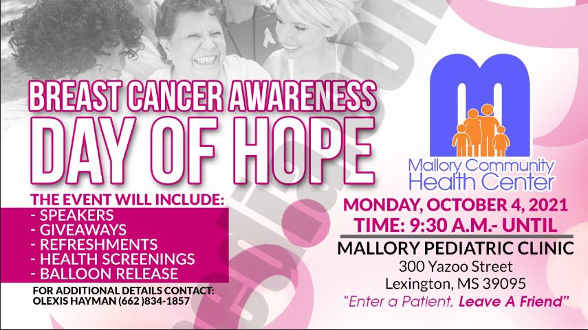 MalloryCHC's tweet photo. Join the Mallory Community Health Center family on October 4th as we commemorate Breast Cancer Awareness Month with our Day of Hope. There will be speakers, giveaways, refreshments and much more as we bring awareness to one of the most deadly diseases in this country. https://t.co/XmGZYhD7UF