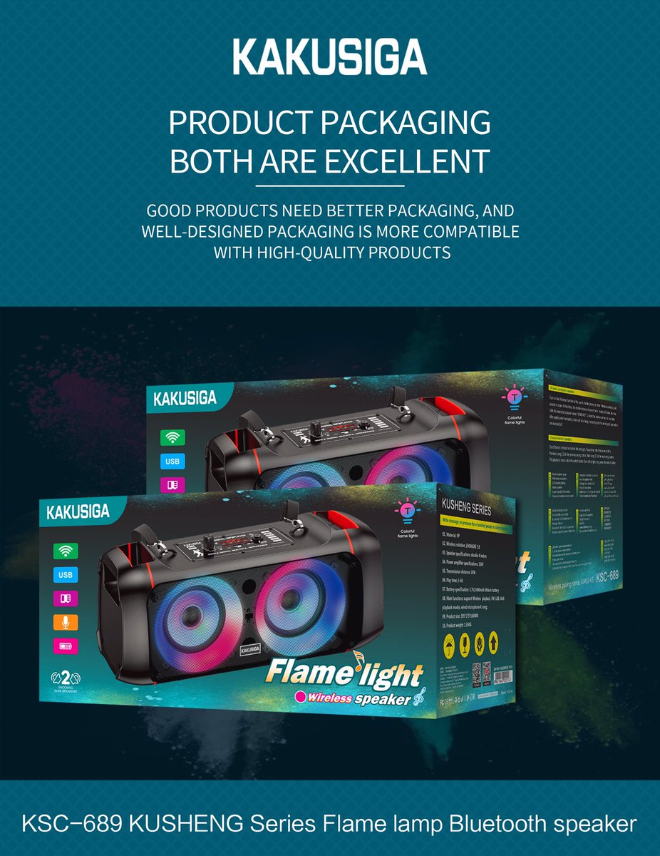 ✨KAKU NEW Arrival✨
KSC-689 KUSHENG Series Flame lamp Bluetooth speaker
Super dual speakers, LED colorful light; Large capacity lithium battery, long life; Portable strap speaker; Wear resistant and compressive material