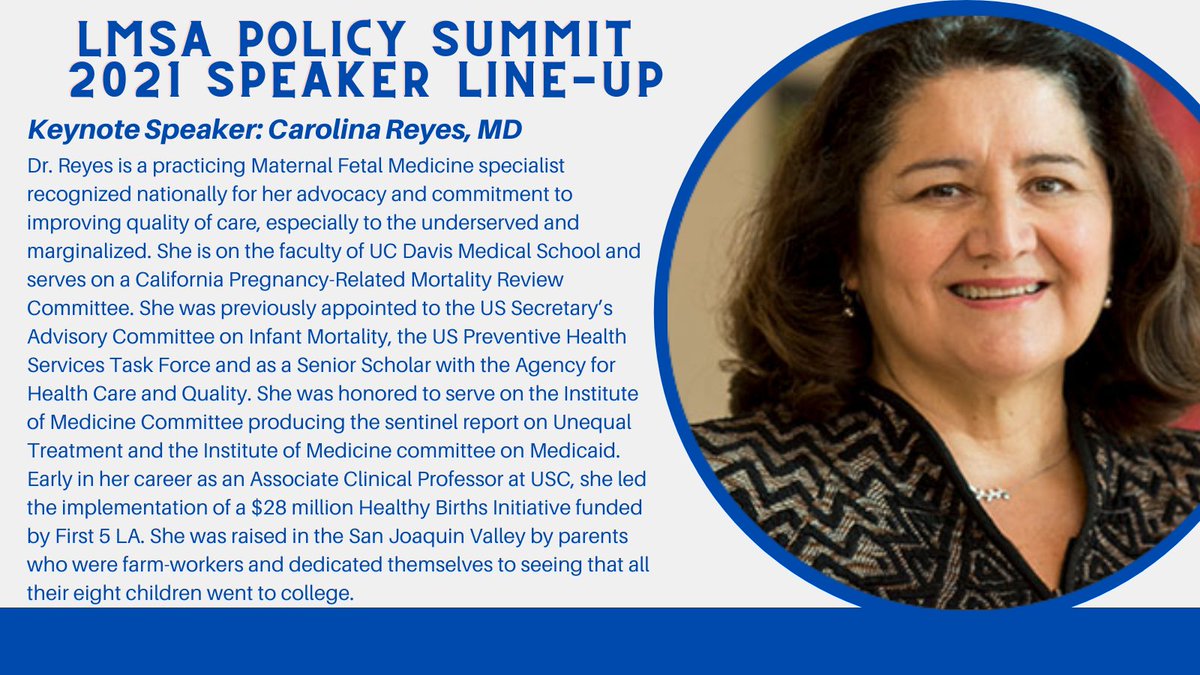 🌱🏛️Meet our 2021 LMSA Policy Summit Keynote Speaker: Carolina Reyes, MD! 

Currently a Maternal Fetal Medicine specialist on faculty <a href="/UCDavisMed/">UCDavisMedSchool</a> and Vice-Chair of <a href="/CHCFNews/">CHCF</a>, her impressive bio speaks for itself!⬇️

We look forward to hearing her talk in T-3 DAYS!🎉🙌