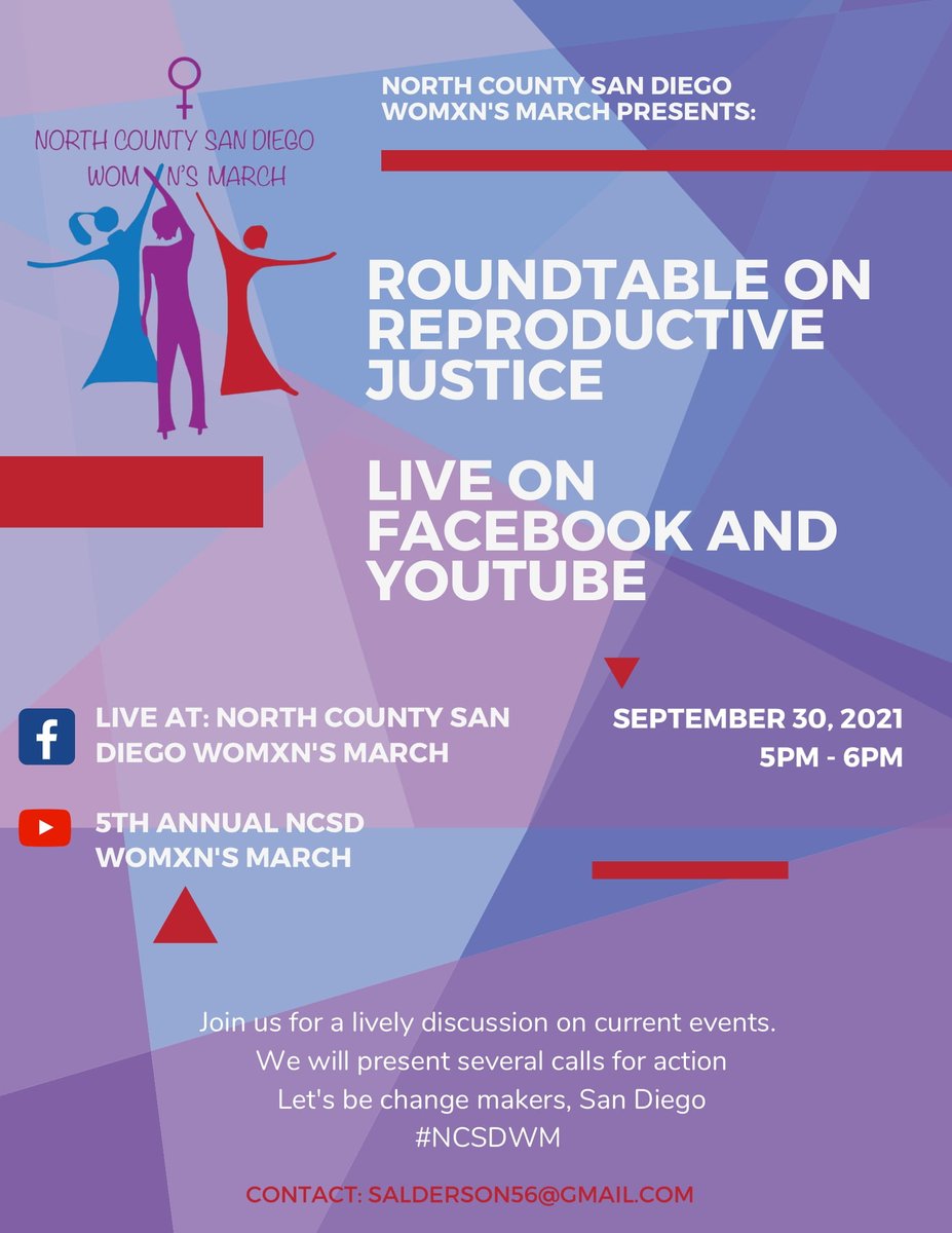 MarchNcsd's tweet photo. This Thursday you are invited to join the @NCSDWM LIVE on FB and Youtube for a roundtable on reproductive justice. We will be going live with local NC womxn here -- https://t.co/U0XYNvIH8h at 5pm PT. #ncsdwm #womxnsmarch https://t.co/8XIpSTrJsc