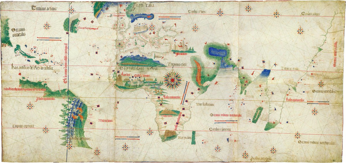The Cantino Planisphere from 1502 is one of the oldest remaining #maps in the world, on display at the #GalleriaEstense in Italy. It shows the Arctic Circle, the equator, the tropics, & the border btwn Portuguese & Spanish #territories. bit.ly/3AM8l0E #Geography #history