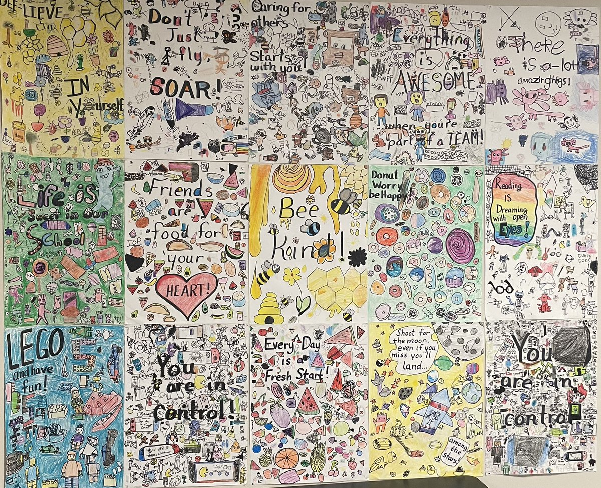 APlindsey2004's tweet photo. *zoom in* As we embark on the start of the 21-22 school year our art teacher @TerritoJodi had the grade levels work together to create these posters. The center poster catches my eye every time I walk past it! “Be kind.” Small but powerful words. https://t.co/JwWh4npok6