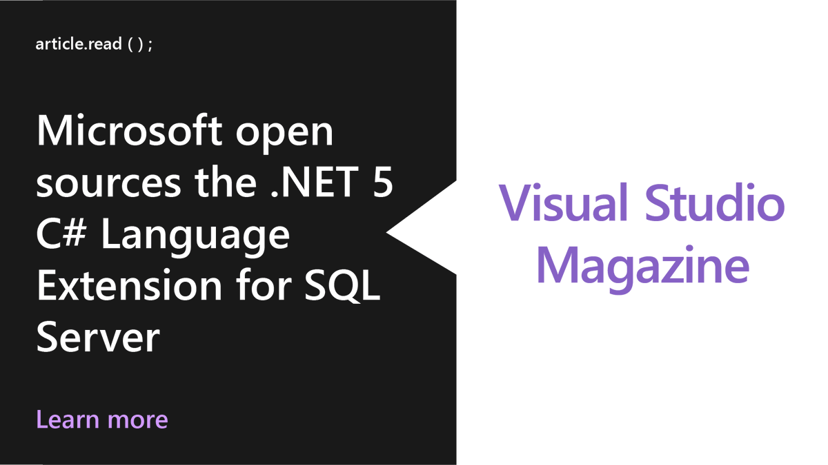 dotnet's tweet photo. It's easier to work with relational data. 

We made the .NET 5 C# Language Extension for SQL Server open source and available on #GitHub; giving you freedom to use existing #SQLServer tables and pass them to a C# application as a DataFrame.

Learn more: https://t.co/SPuEtUEVM4 https://t.co/3D3rGWAXkZ