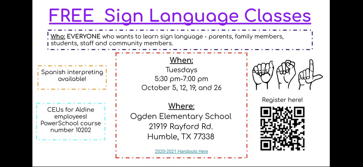 FREE leveled sign language classes are starting next week at  <a href="/OgdenES_AISD/">Rick Ogden Elementary School</a>! Have you registered? <a href="/aldinesped/">Aldine ISD SPED</a> #NHCRDSPD teachers would love to have you in their class! #AldineForward