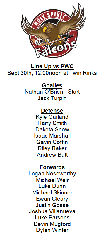 HSFalconHockey's tweet photo. Lineup for Thursdays game vs. PWC 12noon at Twin Rinks https://t.co/oXA9k3Gvwu