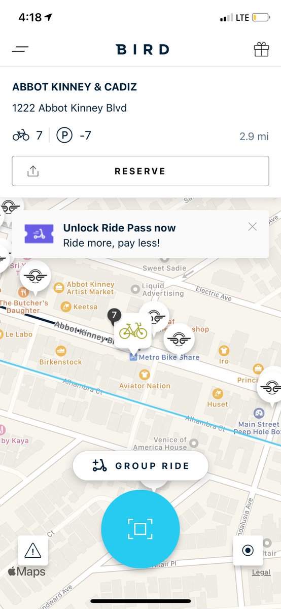 TimDefuria's tweet photo. You can now see LA Metro bikes in the Bird app! Always thinking of ways we can support non-car sustainable mobility options! #moreoptions #partnership #bikeshare #sustainablemobility #opendatasharing Heading to Venice on @BikeMetro @mikebonin @ejfbruins https://t.co/rC8AjbMYos