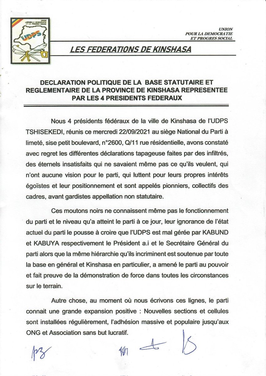 normel_kabeya's tweet photo. #UDPS 

DÉCLARATION POLITIQUE DE LA BASE STATUTAIRE ET RÉGLEMENTAIRE DE LA PROVINCE DE KINSHASA REPRESENTEE PAR LES 4 PRÉSIDENTS FÉDÉRAUX DU 22/09/2021

@auguyka70 @kabund_jmkkrock @J_SHABANI_Lukoo @cibalanky @manayhuguette @juantedbelkas @Tobie_Kayumbi @NgobilaM @CynthiaWina5 https://t.co/oobywJqiWT