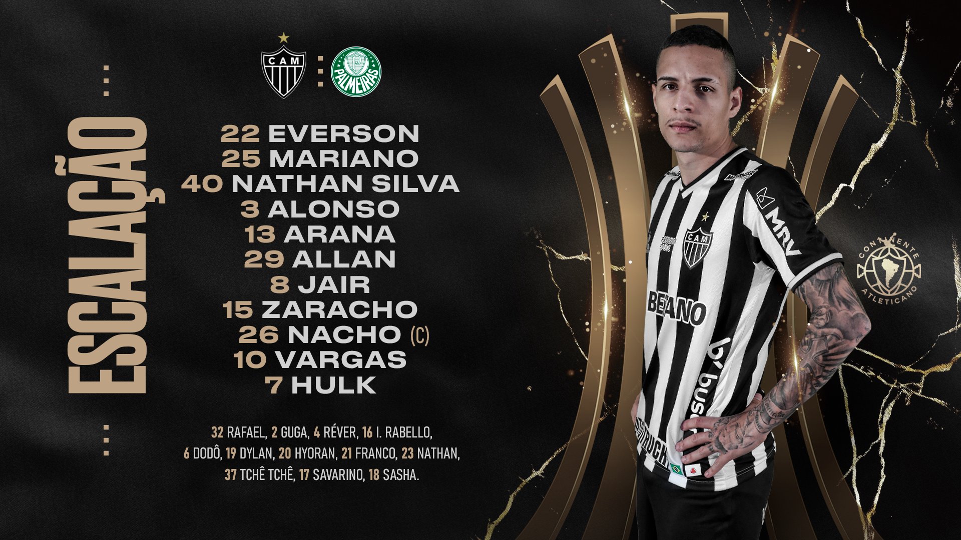Clube Atlético Mineiro - 📋 GALO ESCALADO! Confira nossa escalação para o jogo contra o Palmeiras, pelo Brasileirão! Vamos, #Galo! #CAMxPAL 🏴🏳