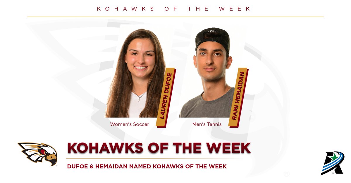 Kohawks of the Week!

Dufoe - Helped <a href="/coe_soccer_W/">Coe Women's Soccer</a> go 1-1 on the week, scoring two goals including the GW goal at BVU on Saturday.

Hemaidan - Earned gold medal for <a href="/KohawkTennis/">Kohawk Tennis</a> at <a href="/AmerRiversConf/">American Rivers Conference (A-R-C)</a> Ind. Chmps. while going 4-0. Named A-R-C's Male Athlete of the Week

#KohawkNation