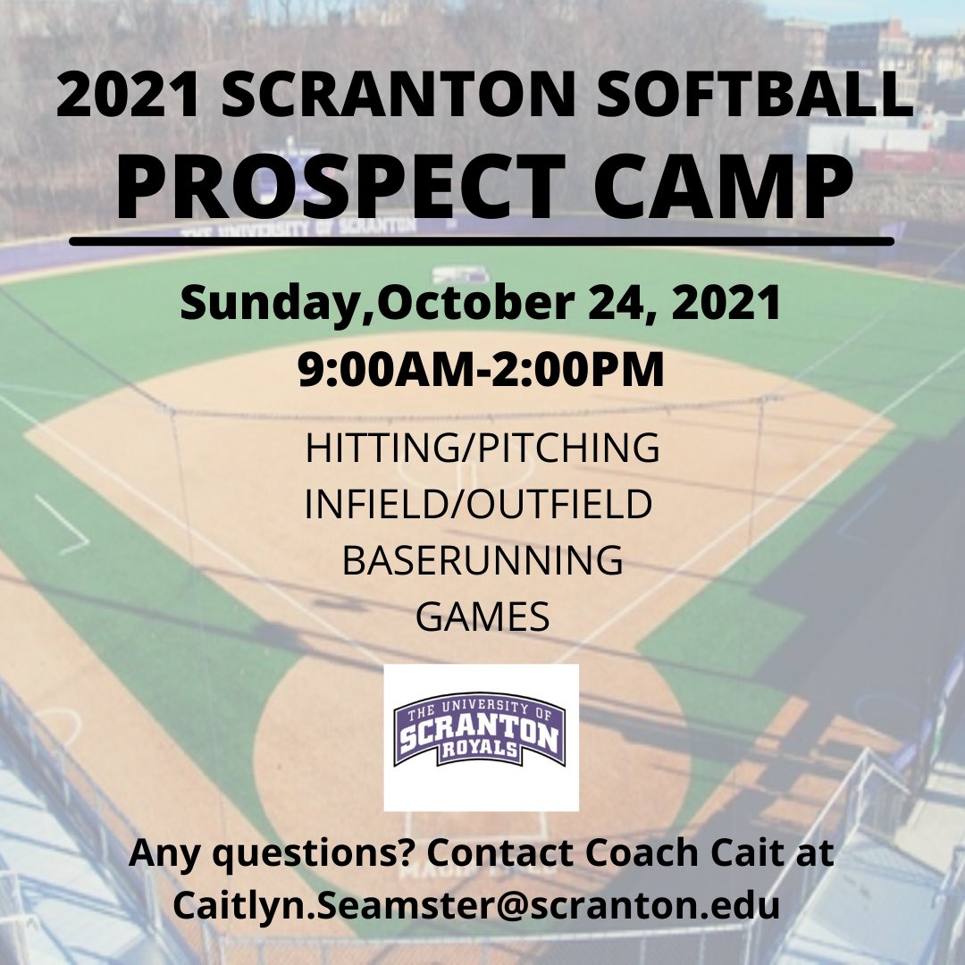 The University of Scranton softball program will host an ID clinic at Magis Field on Sunday, October 24th. The camp is open for players in grades 9-12 and will run from 9:00 a.m. to 2:00 p.m. #playlikearoyal #scrantonsoftball #lookingforfutureroyals #prospectcamp