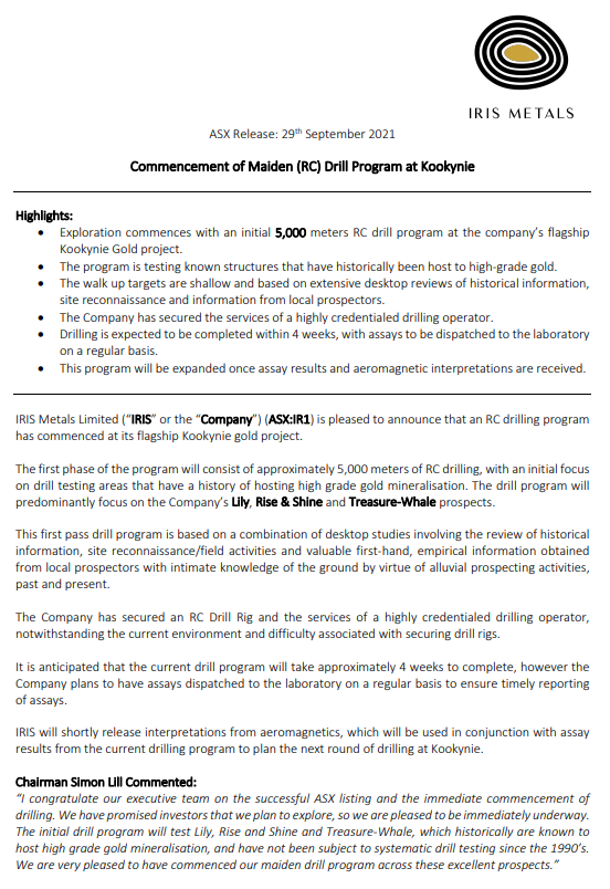 IrisMetals's tweet photo. ✅Maiden 5,000m RC drill program commences at flagship #Kookynie #Gold project
✅Testing structures with historical high-grade gold
✅Walk up, shallow targets 
✅Aeromag interpretation due shortly
IPO 23/9, drilling < 1 week later. https://t.co/ArKMJj96KV – exploring Kookynie. https://t.co/ZMgfzgp3M9