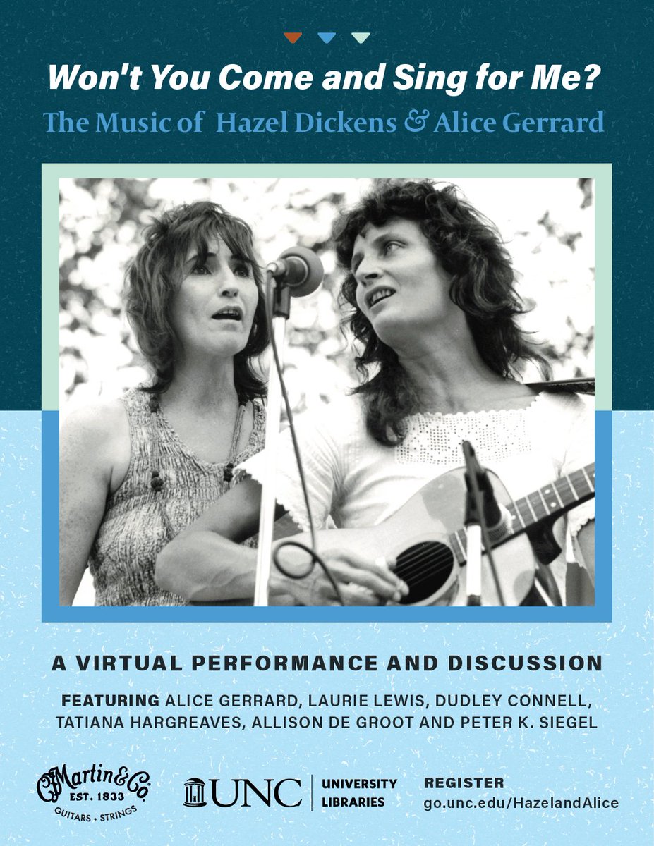 UNCLibrary's tweet photo. Coming up on 10/14! Join us for a virtual exploration of the musical legacy of bluegrass pioneers Hazel Dickens and Alice Gerrard. The event will feature live performances and a panel discussion. Learn more about the event and register now: https://t.co/9w8PsrK5GU @SFolklife https://t.co/NgRzGq5lY4