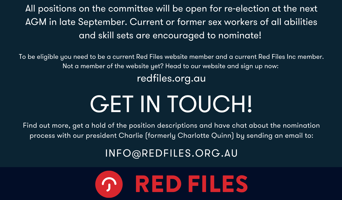 redfilesinc's tweet photo. Nominations for the Red Files committee close on Saturday 9 October!
⭐️Learn skills in sex worker organising
⭐️Give back to the community by helping keep an essential service running
⭐️Share your knowledge &amp; expertise
Contact us for more information: https://t.co/tbd8w6fzyl https://t.co/oSpvHc79Up