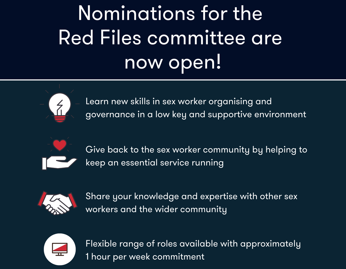 redfilesinc's tweet photo. Nominations for the Red Files committee close on Saturday 9 October!
⭐️Learn skills in sex worker organising
⭐️Give back to the community by helping keep an essential service running
⭐️Share your knowledge &amp; expertise
Contact us for more information: https://t.co/tbd8w6fzyl https://t.co/oSpvHc79Up
