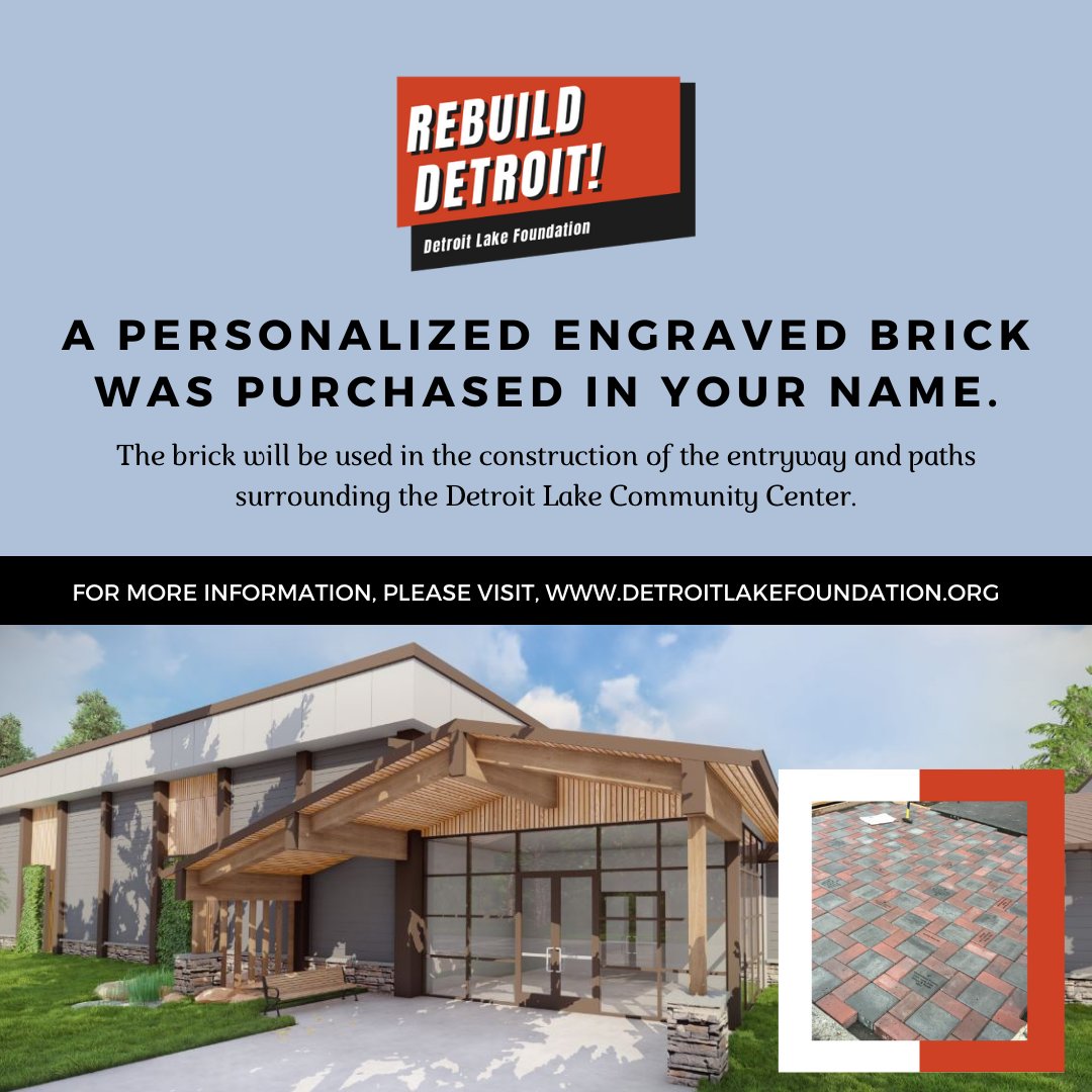 DetroitLake_OR's tweet photo. Time is RUNNING OUT!
Buy your brick today!
https://t.co/oFOWpPKOm0

100% of proceeds will go towards restoring the community infrastructure in Detroit.

#detroitlakefoundation https://t.co/ZWPfaCBr2q