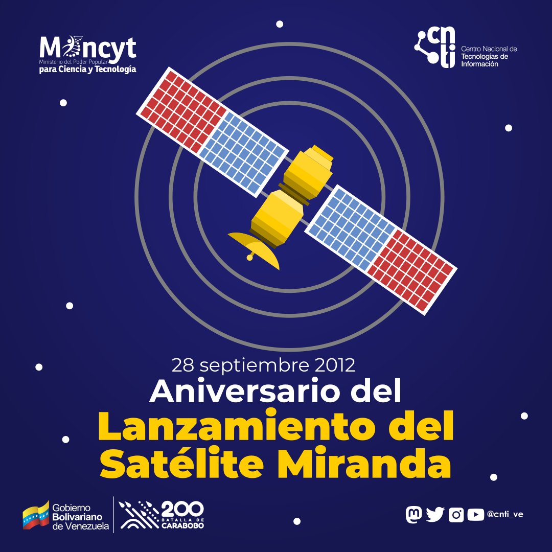 CanaimaGNULinux's tweet photo. #SabiasQue

Un día como hoy en 2012 fue puesto en órbita el Satélite Miranda.

Este es el 1er satélite de observación remota de Venezuela y cuenta con cámaras de alta resolución y de barrido ancho para la elaboración de mapas cartográficos.

¿Recuerdas el momento del lanzamiento? https://t.co/YHonkvbLlF
