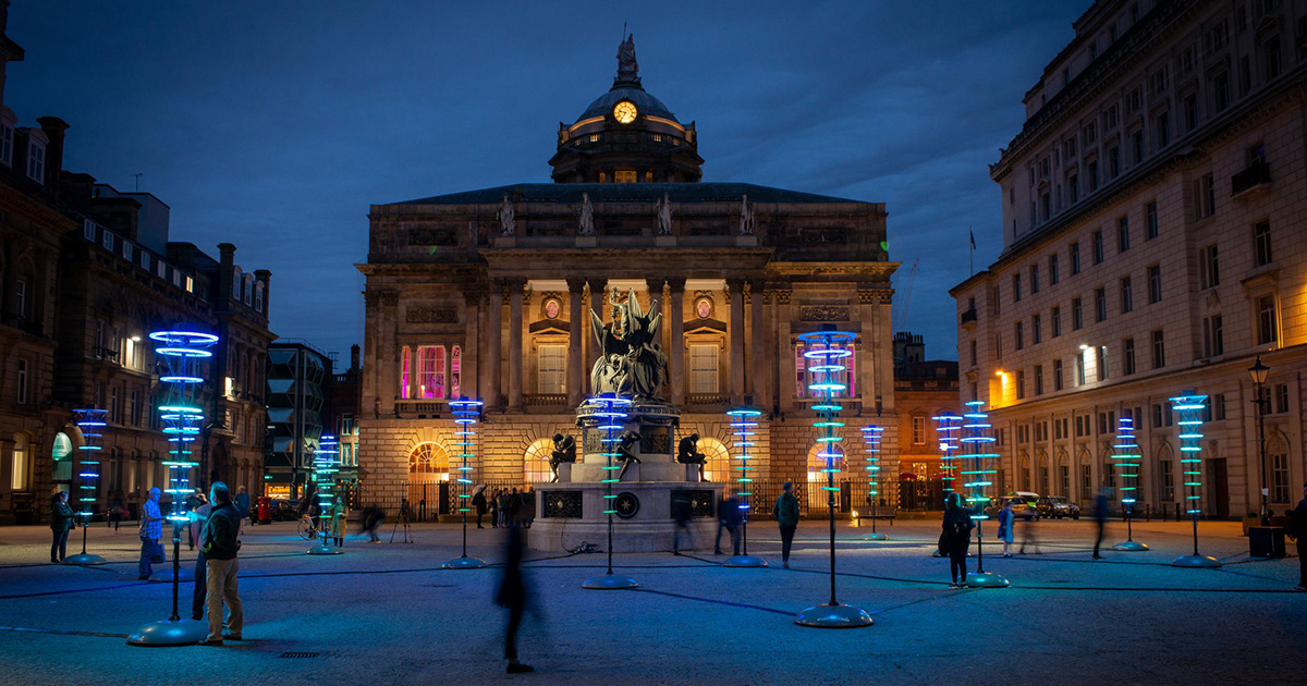 "illumaphonium: Halo," by the artist duo <a href="/illumaphonium/">illumaphonium</a>, is a series halos that light up and play tones from two octaves of a pentatonic scale to create bespoke music. Experience this interactive artwork at Canal Convergence Nov. 5–14. Learn more: sarts.co/3xCUgjG