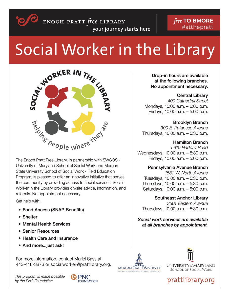 Social Worker in the Library provides on-site advice, information, and referrals with SNAP benefits, healthcare, senior resources and more at Pratt branches. For more information, contact Mariel Sass at 443-418-3873 or socialworker@prattlibrary.org.