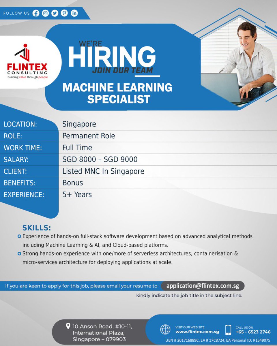 Flintex_career's tweet photo. Email your resume- application@flintex.com.sg
Now Hiring - MACHINE LEARNING SPECIALIST
Location - Singapore
***Apply Now ***
.
.
.
#flintexconsulting #flintex #machinelearning #specialist #machinelearningspecialist #software #developers #sgjobs #sgjobseeker https://t.co/KuDwocwvQE