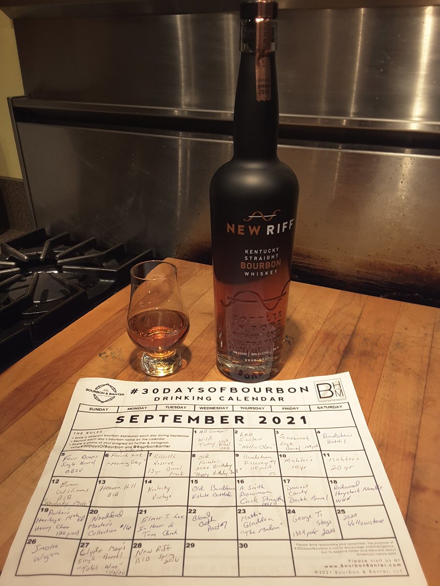 Day #28 of the #30daysofbourbon is a freah crack 4 yr old Bottled in Bond from New Riff.  This bottle was distilled in 2016 and bottled in 2020.  I grabbed this bottle last Spring while in Florida. Cheers!!! #BHM2021  #bourbonheritagemonth <a href="/BourbonBanter/">Bourbon & Banter</a>